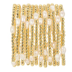 Pearl and Bead Stretch Bracelet, 4mm, Gold, Priced individually featuring elegant gold beads and white pearls, perfect jewelry gift from Knotty and Board for stylish decor.