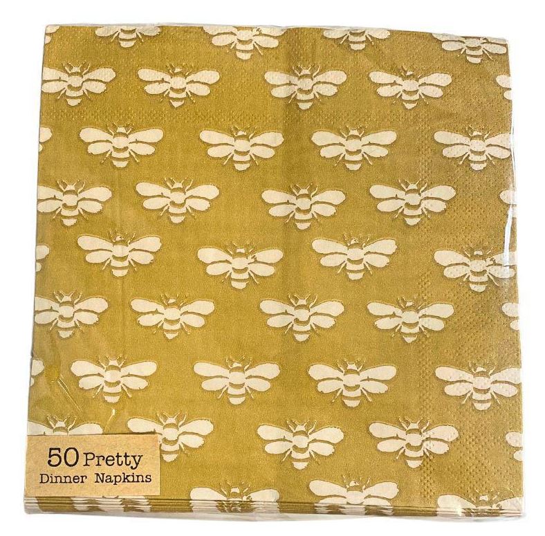 Square Paper Napkins Bee Pattern with white bee illustrations on a mustard yellow background, perfect for kitchen and dining decor from Knotty and Board.