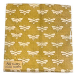 Square Paper Napkins Bee Pattern with white bee illustrations on a mustard yellow background, perfect for kitchen and dining decor from Knotty and Board. 1