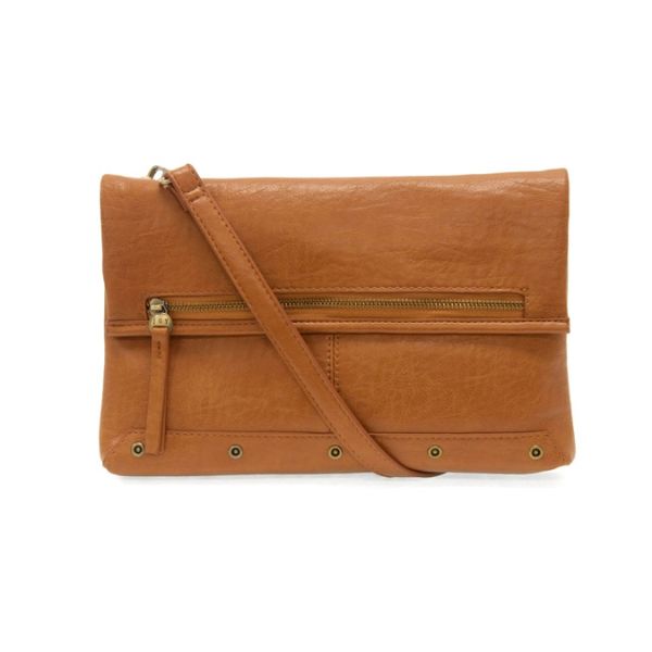 Cassie Fold Over Convertible Crossbody Bag, Cognac in smooth leather with front zipper pocket and adjustable strap, stylish gift option from Knotty and Board decor collection.