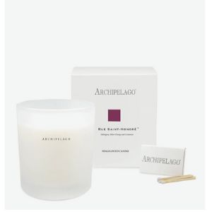 Archipelago Rue Saint Honore Boxed Candle, 10 oz with frosted glass container, white packaging, and wooden matches, perfect for decor, gifts, and enhancing kitchen or dining spaces, available at Knotty and Board.