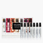 Voluspa, Eau De Parfum, Fine Fragrance Discovery Set featuring nine elegant perfume vials arranged in front of a colorful box, perfect for decor and unique gifts from Knotty and Board. 1
