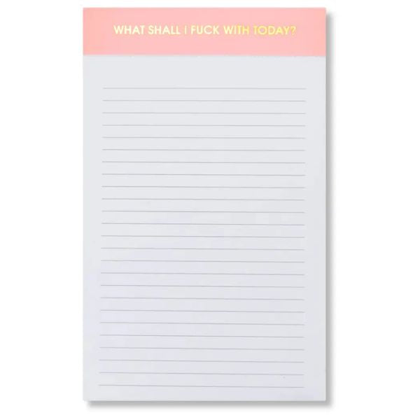 Lined Notepad, Pink, 5 X 8, What Shall I F*ck with Today? featuring a pink header with gold lettering and lined white pages, perfect for humorous decor and gifts from Knotty and Board.