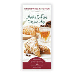 Stonewall Kitchen Maple Coffee Scone Mix, 14 oz box featuring freshly baked scones drizzled with vanilla glaze, displayed with a glass of maple syrup for kitchen or dining gifts from Knotty and Board. 1