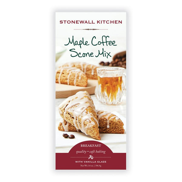 Stonewall Kitchen Maple Coffee Scone Mix, 14 oz box featuring freshly baked scones drizzled with vanilla glaze, displayed with a glass of maple syrup for kitchen or dining gifts from Knotty and Board.